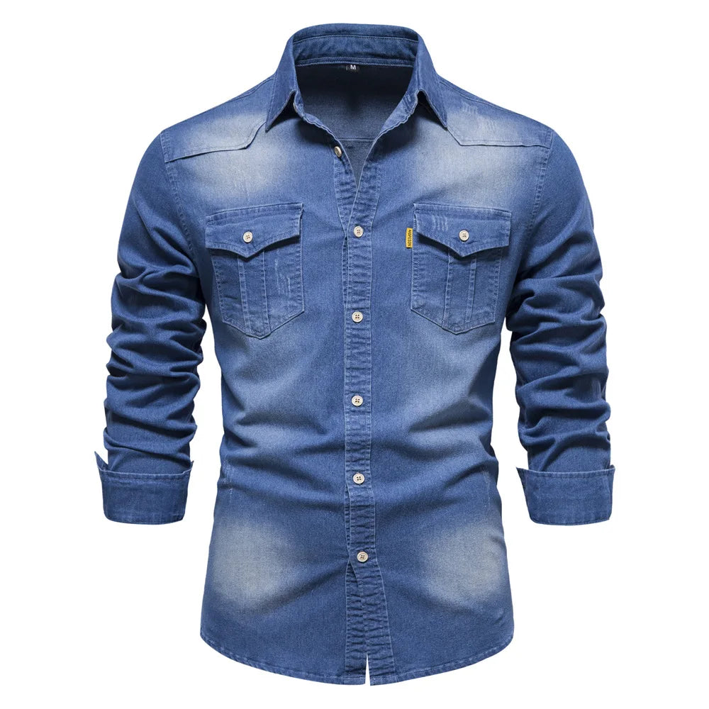 Men's Long Sleeve Button Shirt Cotton Contrast Dual Pocket