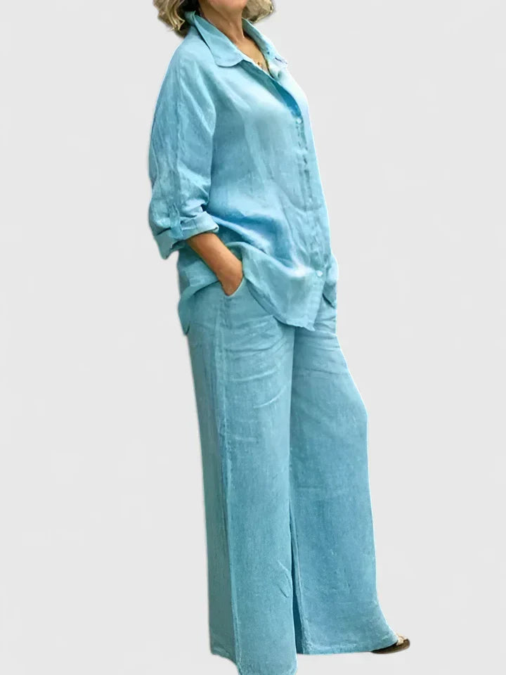 Women's Two-Piece Button-Down Shirt Set Wide Leg Pants