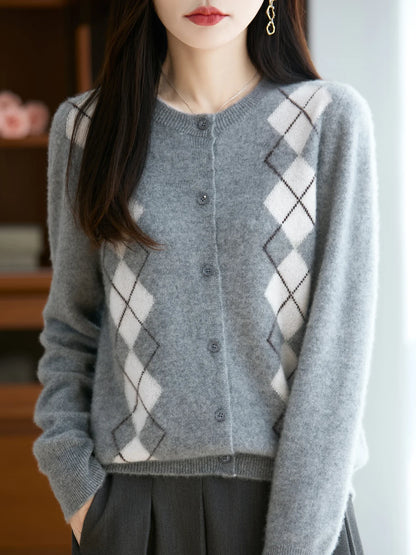 Merino Wool Blend Argyle Cardigan