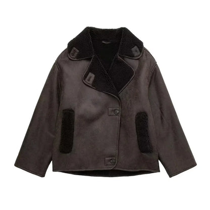 Women's Leather Winter Jacket Plush Lined Wide Collar