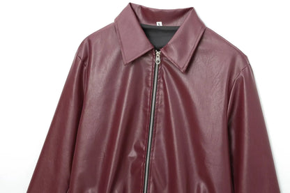 Women's Leather Jacket Zipper Front Classic Lapel Collar