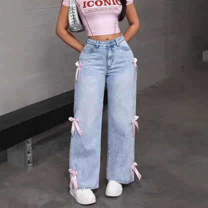 Women's Wide Leg Jeans High Waist Distressed Denim Blue
