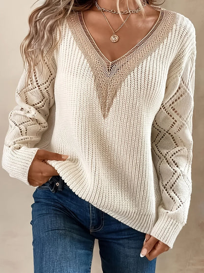 Women's V Neck Sweater Solid Paisley Pattern