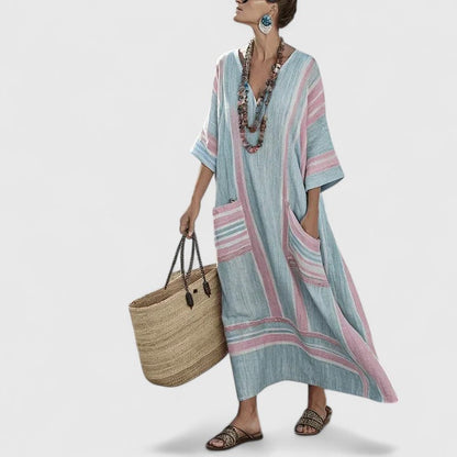 Relaxed Fit Women's Striped Linen V Neck Maxi Dress