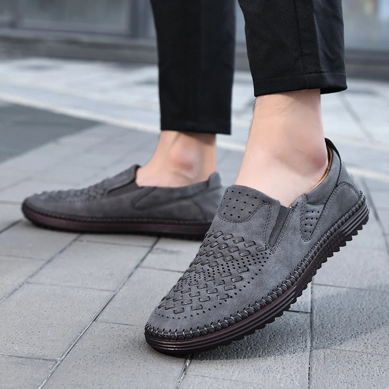 Men's Perforated Loafers Textured Leather Upper