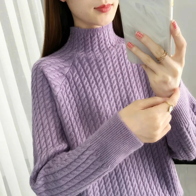 Women's Braided Cotton Turtleneck Sweater