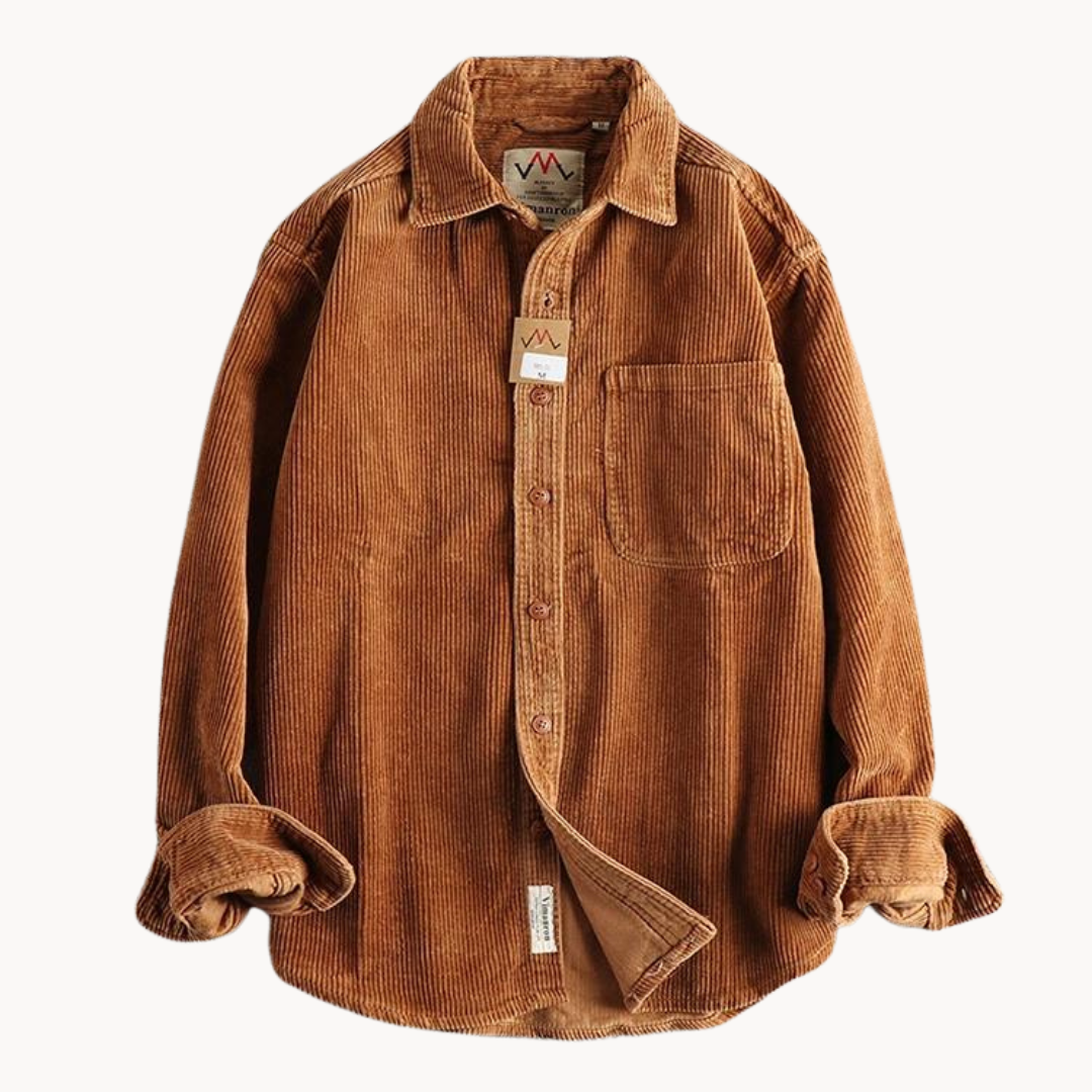 Relaxed Fit Mens Brown Button Down Corduroy Shirt - VibreMode