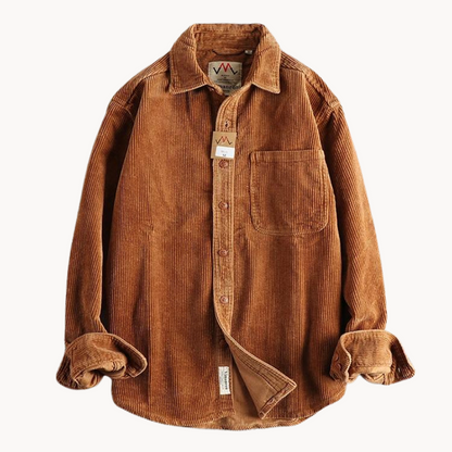 Relaxed Fit Mens Brown Button Down Corduroy Shirt - VibreMode