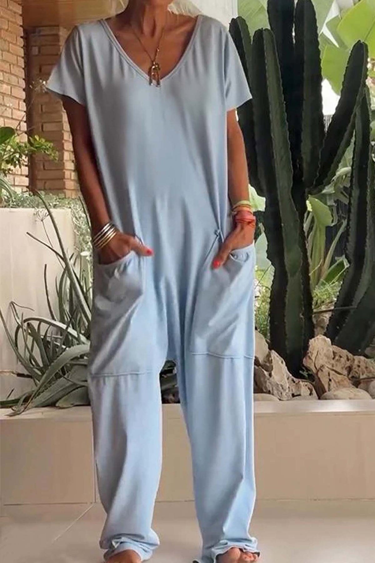 Women's V-Neck Short Sleeve Jumpsuit with Pockets
