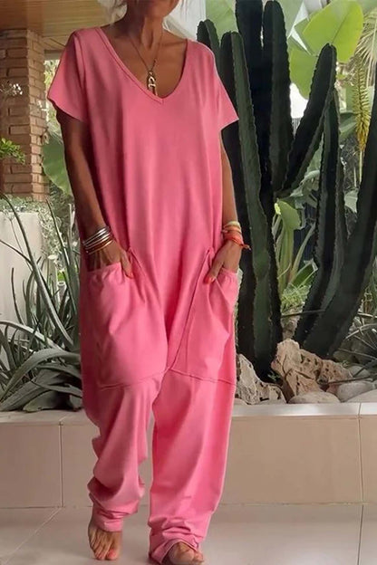 Relaxed Fit Women's V-Neck Short Sleeve Jumpsuit with Pockets - VibreMode