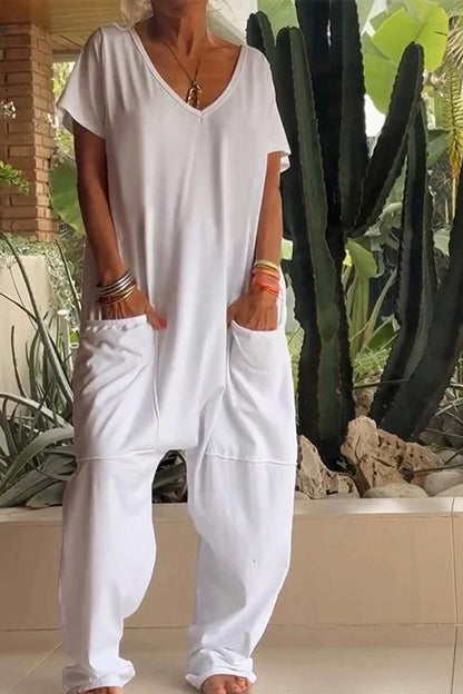 Relaxed Fit Women's V-Neck Short Sleeve Jumpsuit with Pockets