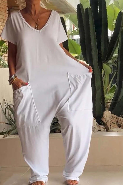 Relaxed Fit Women's V-Neck Short Sleeve Jumpsuit with Pockets