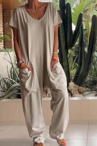 Women's V-Neck Short Sleeve Jumpsuit with Pockets