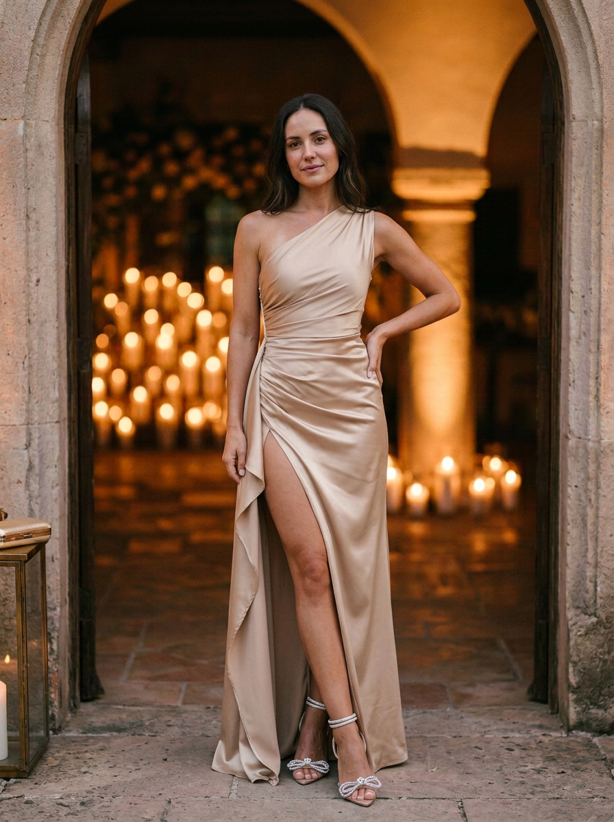 Women's One-Shoulder Maxi Dress Ruched Bodice High Slit