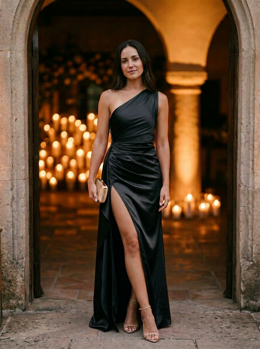 Women's One-Shoulder Maxi Dress Ruched Bodice High Slit