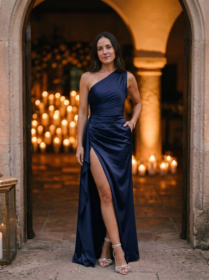 Women's One-Shoulder Maxi Dress Ruched Bodice High Slit - VibreMode