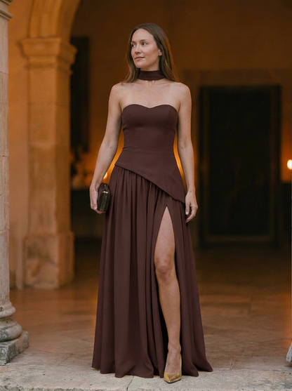 Women's Strapless Maxi Dress Asymmetrical Choker Detail