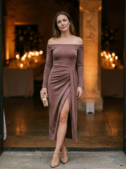 Women's Off-Shoulder Maxi Dress Glitter Knit