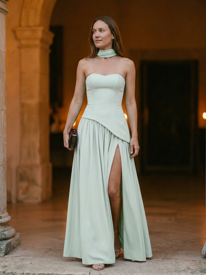 Women's Strapless Maxi Dress Asymmetrical Choker Detail