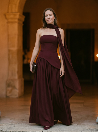 Women's Strapless Maxi Dress Asymmetrical Choker Detail