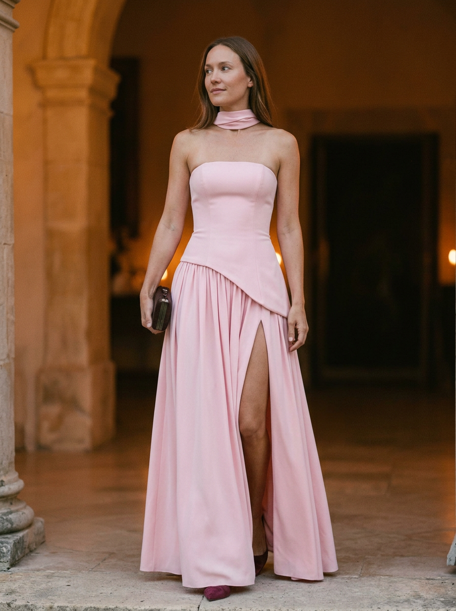 Women's Strapless Maxi Dress Asymmetrical Choker Detail