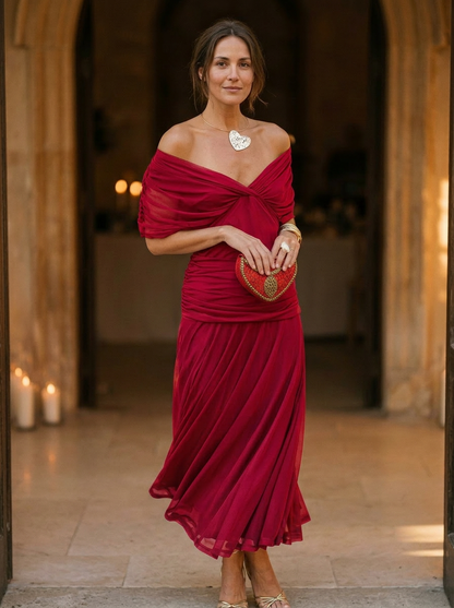 Women's Off-Shoulder Pleated Midi Dress
