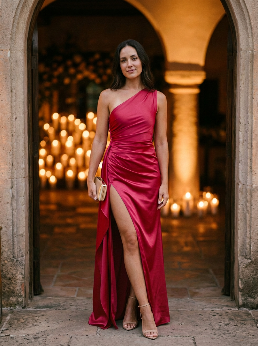 Women's One-Shoulder Maxi Dress Ruched Bodice High Slit