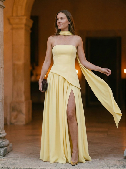 Women's Strapless Maxi Dress Asymmetrical Choker Detail