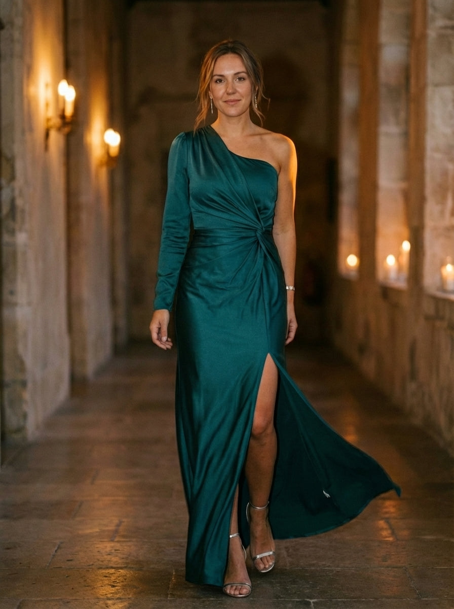 Women's One-Shoulder Maxi Dress Ruched Olive Green