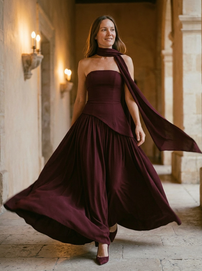 Women's Strapless Maxi Dress Asymmetrical Choker Detail