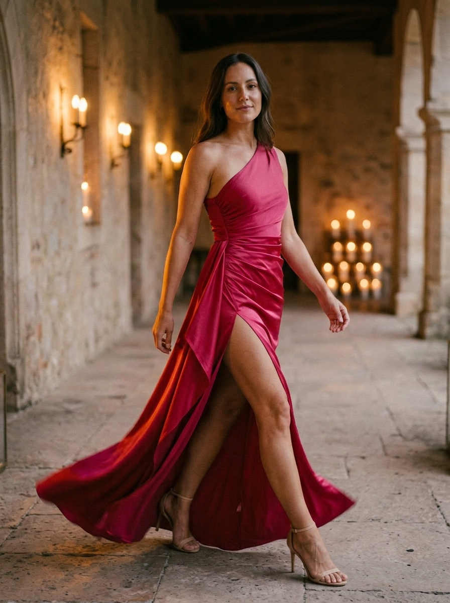 Women's One-Shoulder Maxi Dress Ruched Bodice High Slit