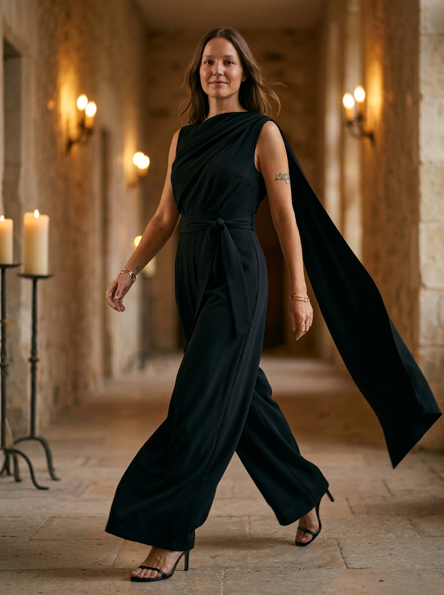 Women's Cowl Neck Jumpsuit Wide Leg Belted Waist