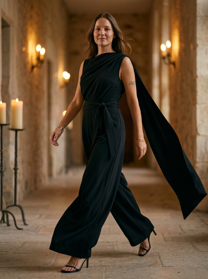 Women's Cowl Neck Jumpsuit Wide Leg Belted Waist
