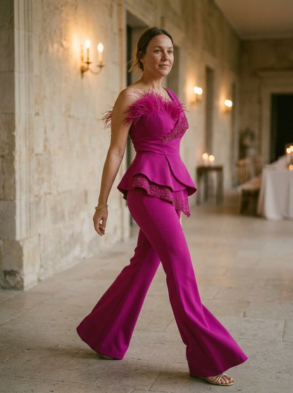 Women's Strapless Jumpsuit Peplum Waist Feather Detail