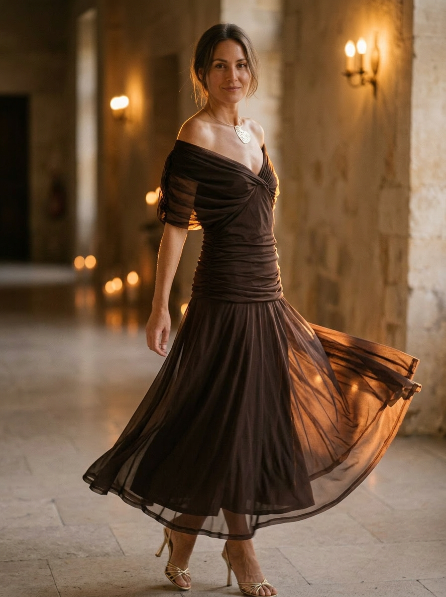Women's Off-Shoulder Pleated Midi Dress
