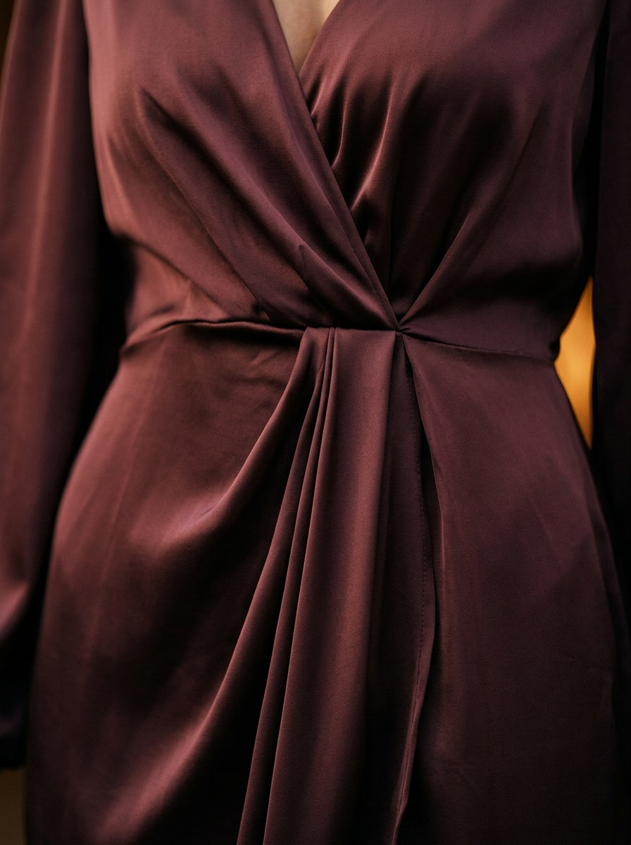 Women's Midi Wrap Dress Draped Skirt Puffed Sleeves