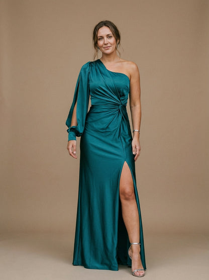Women's One-Shoulder Maxi Dress Ruched Olive Green