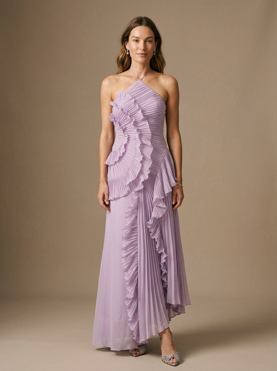 Women's Halter Maxi Dress Ruched Bodice Ruffled Skirt