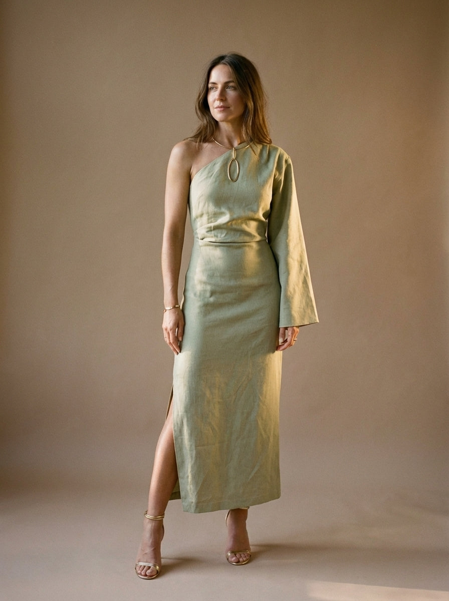 Women's One Shoulder Maxi Dress Asymmetric Sleeve