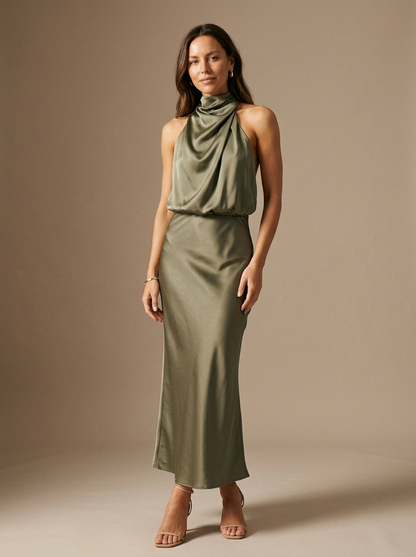 Women's Maxi Dress Fitted High Neck Flared Hem