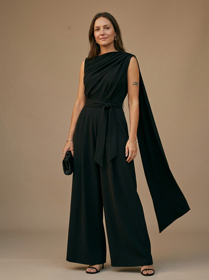 Women's Cowl Neck Jumpsuit Wide Leg Belted Waist
