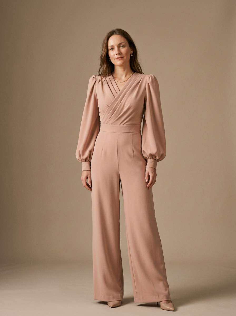 Women's V-Neck Jumpsuit Wide Leg Voluminous Sleeves