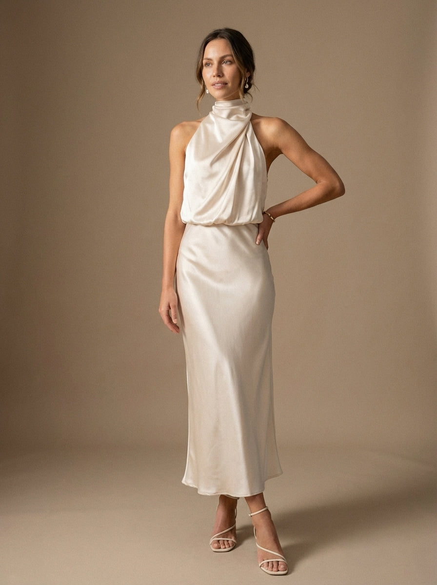 Women's Midi Dress Cowl Neck Halter Sleeek Silhouette