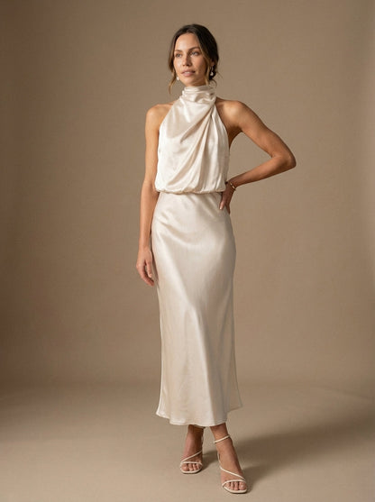 Women's Midi Dress Cowl Neck Halter Sleeek Silhouette