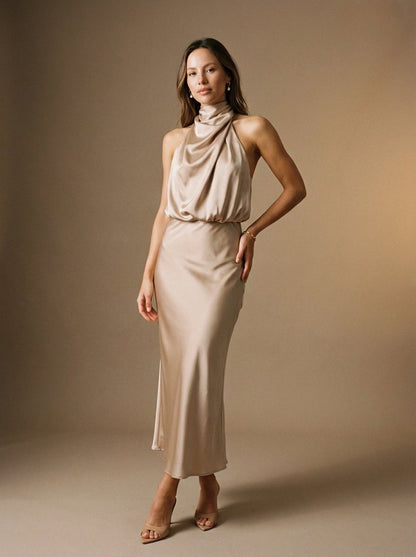 Women's Midi Dress Draped Halter Neck Twisted Bodice