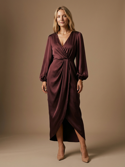 Women's Midi Wrap Dress Draped Skirt Puffed Sleeves