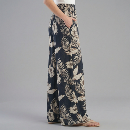 Women's Tropical Print Palazzo Pants Ruched Waist