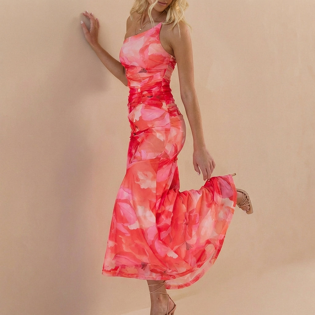 Women's One-Shoulder Maxi Dress Mesh Ruched Detail