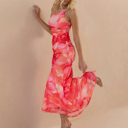 Women's One-Shoulder Maxi Dress Mesh Ruched Detail