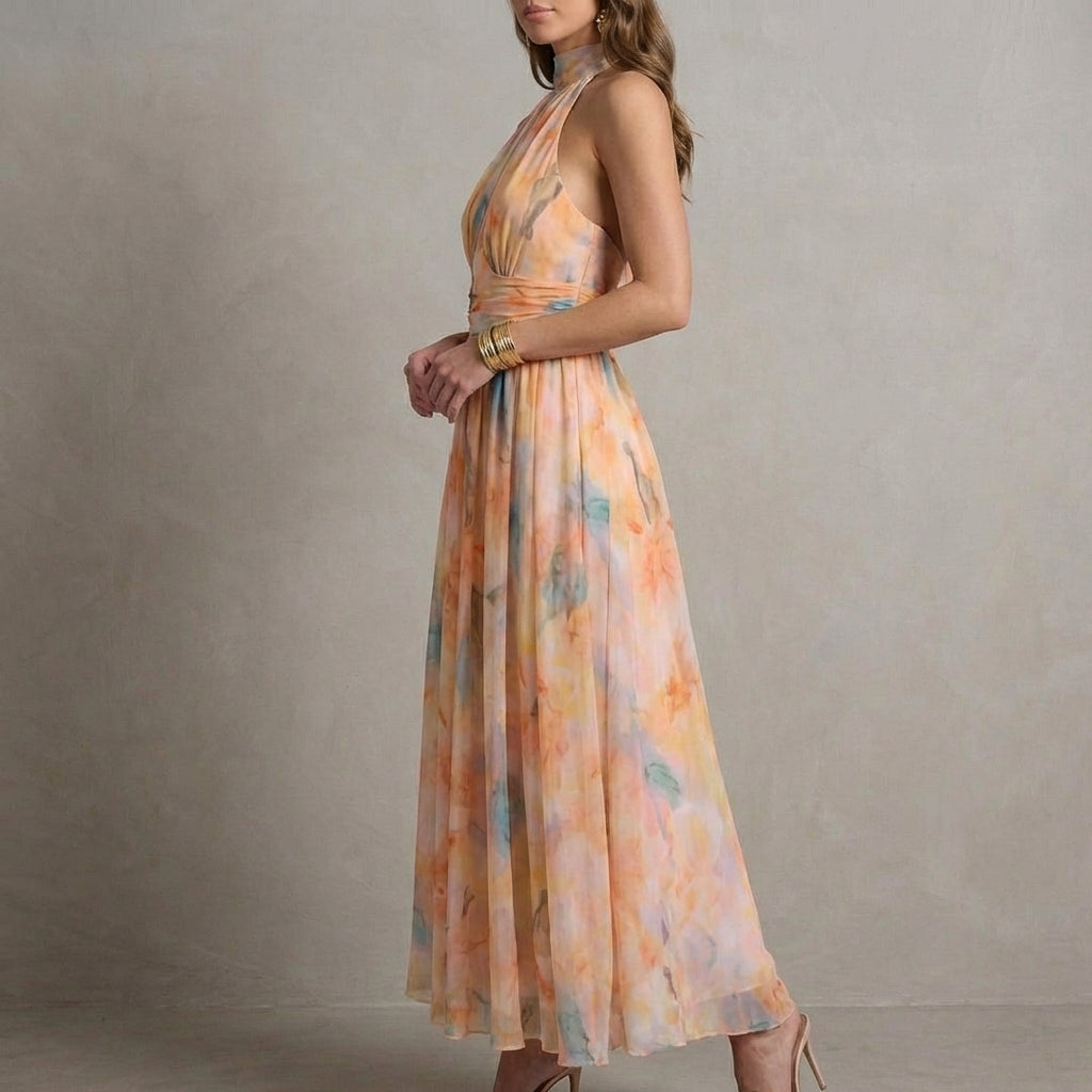 Ariellea Women's Halter Neck Maxi Dress Chiffon Waist Tie